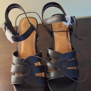 ANA A New Approach Black Strappy Wedge Sandals Cork Heel Size 8 New
